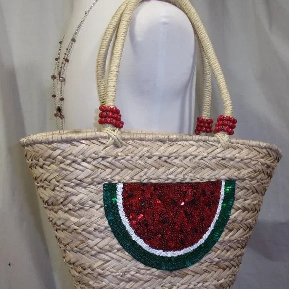 Straw Handbag Watermelon Sequin Accent NWOT - Picture 2 of 2